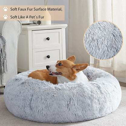 Calming Dog & Cat Bed, Anti-Anxiety Donut Bed, Fluffy Faux Fur Cushion for Small Dogs and Cats (24 X 24 Inch, Light Grey)