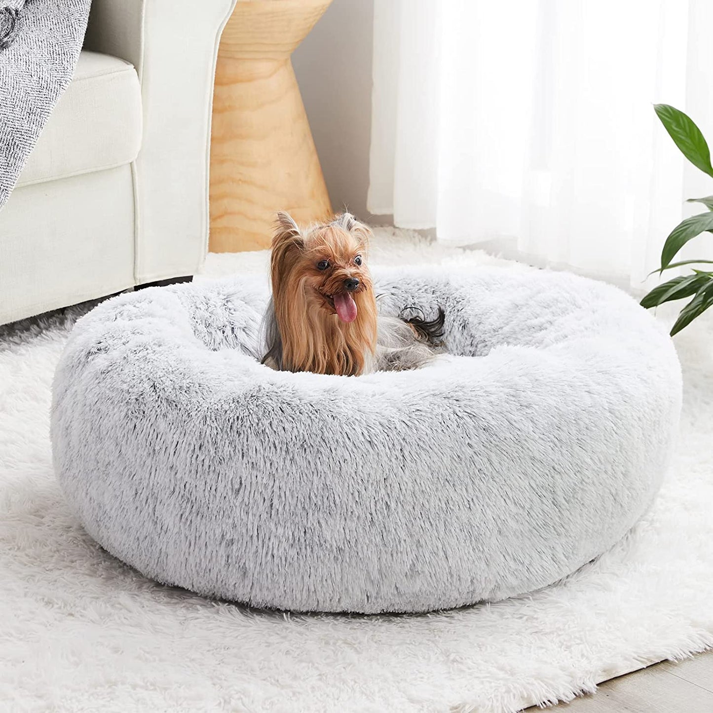 Calming Dog & Cat Bed, Anti-Anxiety Donut Bed, Fluffy Faux Fur Cushion for Small Dogs and Cats (24 X 24 Inch, Light Grey)