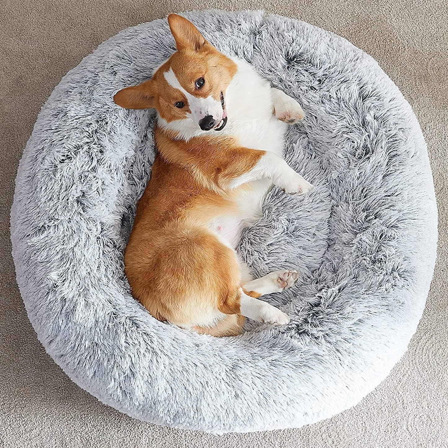 Calming Dog & Cat Bed, Anti-Anxiety Donut Bed, Fluffy Faux Fur Cushion for Small Dogs and Cats (24 X 24 Inch, Light Grey)