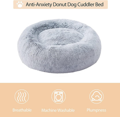 Calming Dog & Cat Bed, Anti-Anxiety Donut Bed, Fluffy Faux Fur Cushion for Small Dogs and Cats (24 X 24 Inch, Light Grey)