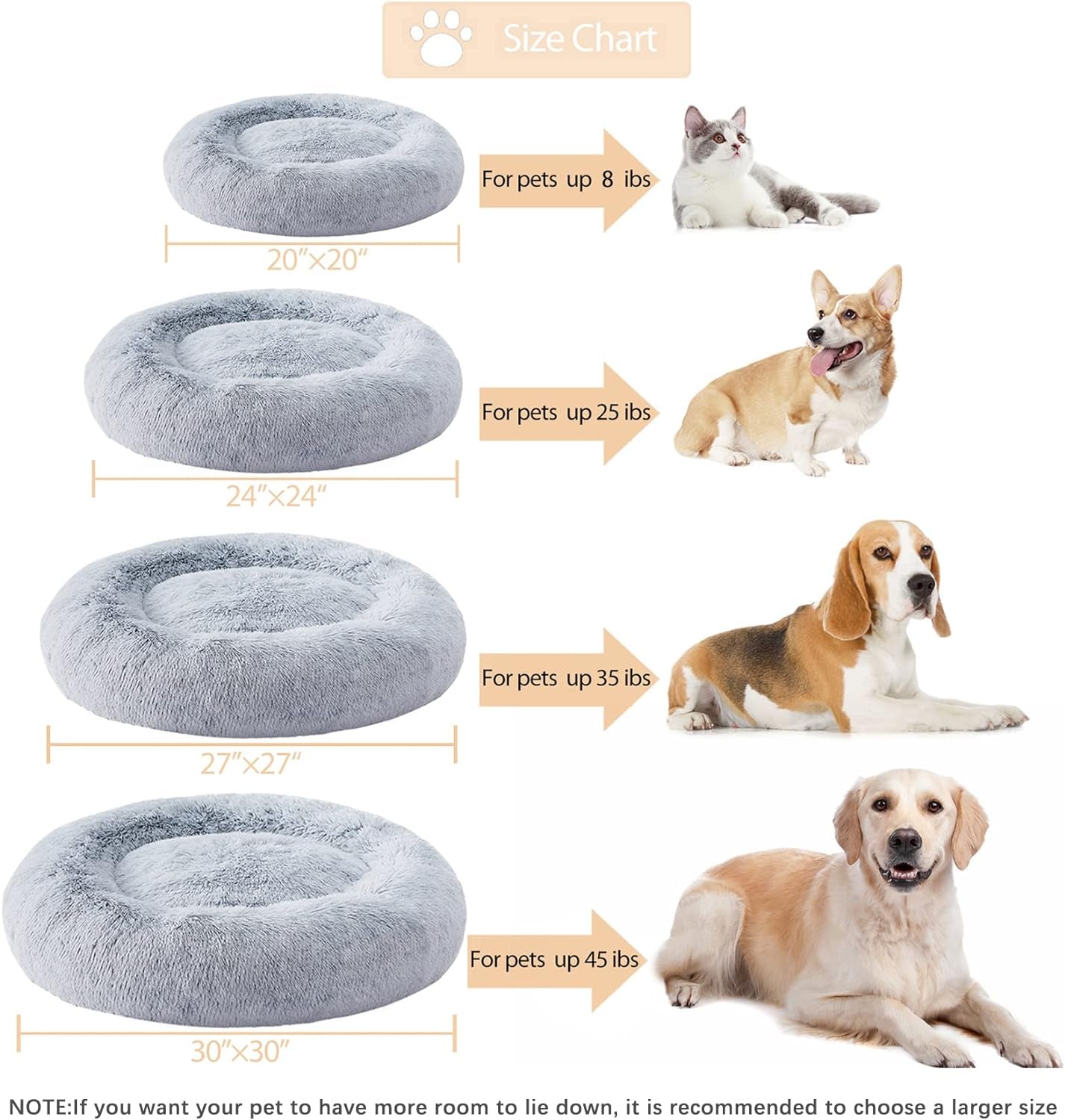 Calming Dog & Cat Bed, Anti-Anxiety Donut Bed, Fluffy Faux Fur Cushion for Small Dogs and Cats (24 X 24 Inch, Light Grey)