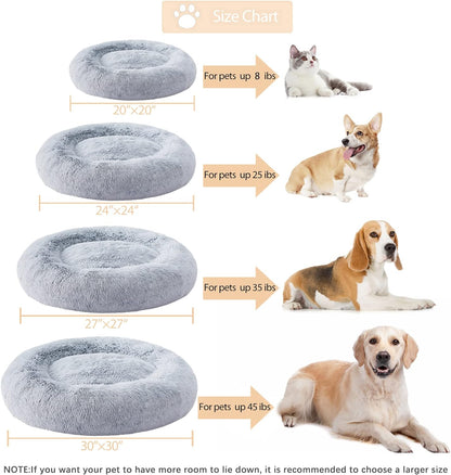 Calming Dog & Cat Bed, Anti-Anxiety Donut Bed, Fluffy Faux Fur Cushion for Small Dogs and Cats (24 X 24 Inch, Light Grey)